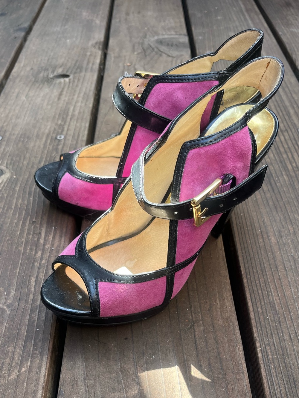 Michael Kors - Purple Suede Peep-Toe Heels with Black Trim - Picture 2 of 4
